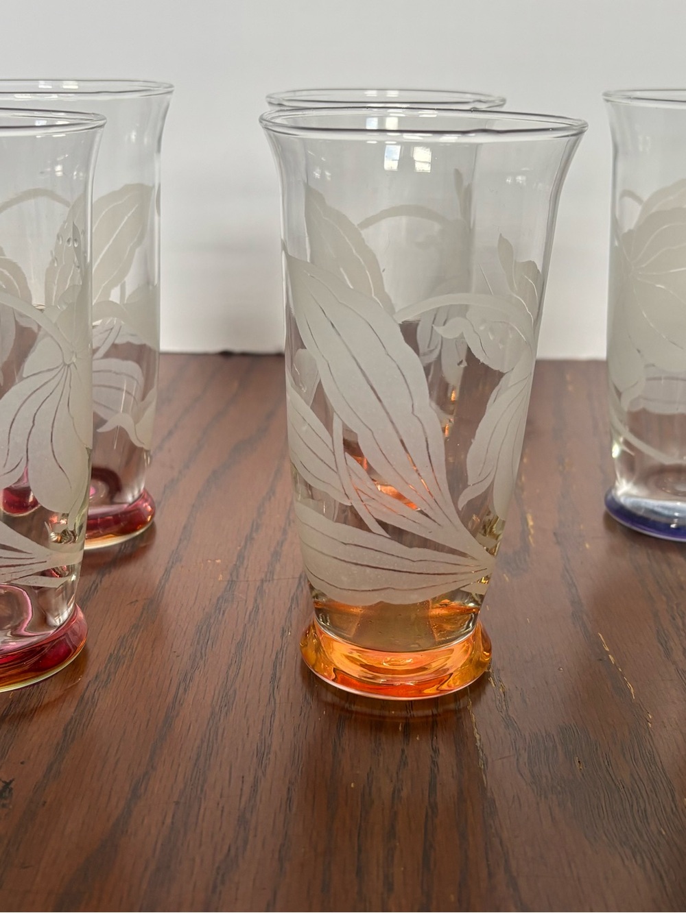Reid 1960 Hawaiian Etched Floral Glass Vase with Multi Colored Base a Set of Six